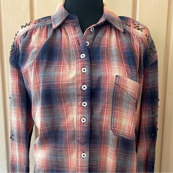 Free People • Take Me On Studded Plaid Fringe Button Down Long Sleeve Shirt XS - Picture 8 of 15
